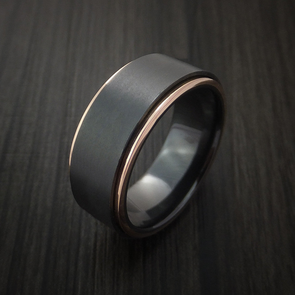 Black Zirconium Men's Ring with 14K Rose Gold Edges Custom Made Band ...