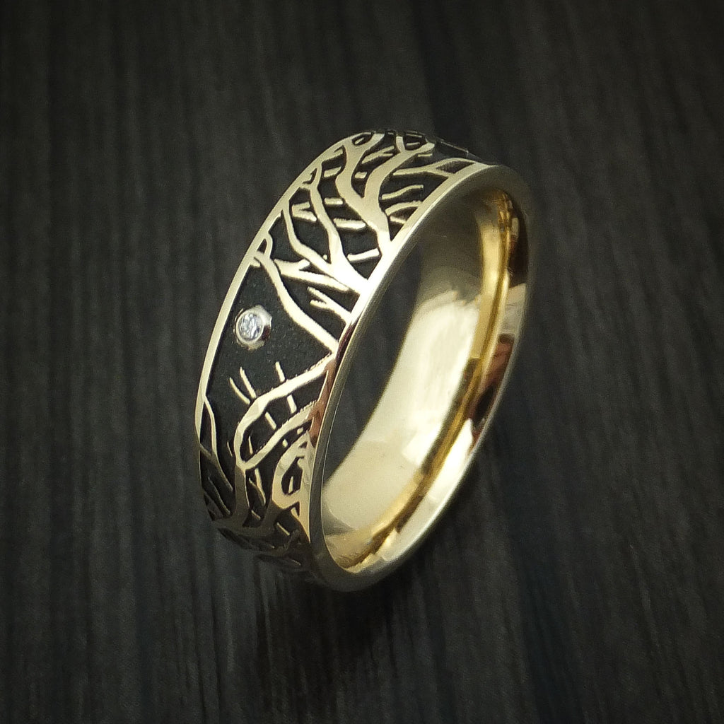 14K Yellow Gold Men's Ring with Tree Branches and Diamond Custom Made ...