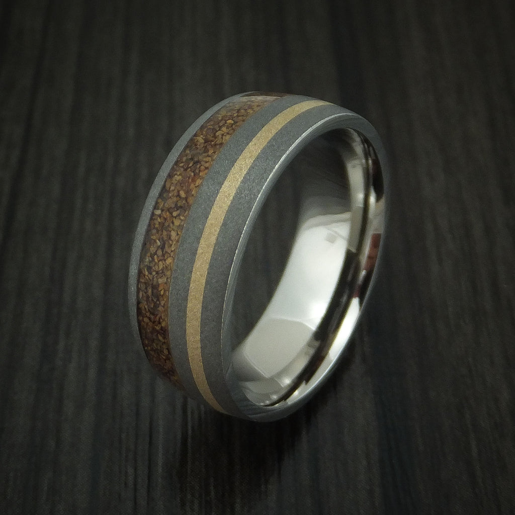 Titanium and Tan Dinosaur Bone Men's Ring with 14K Yellow Gold Custom ...