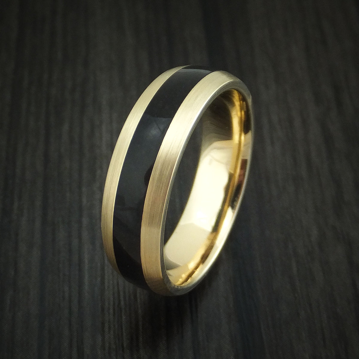 14K Yellow Gold and Black Dinosaur Bone Men's Ring Custom Made Fossil ...