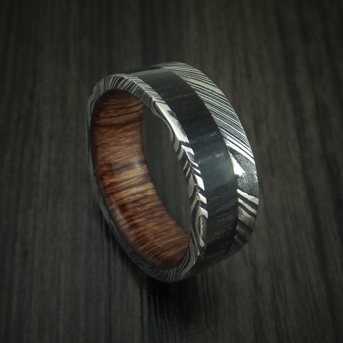 Kuro Damascus Steel Men's Ring with Charcoal Wood Inlay and Ziricote H ...