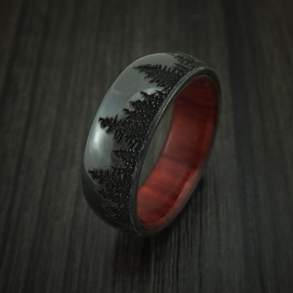 Black Zirconium Men's Ring with Spruce Pine Tree Design and Hardwood S ...
