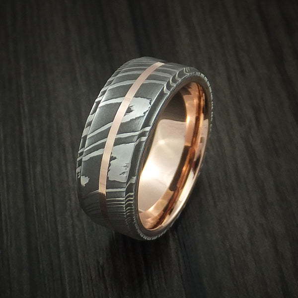 Damascus Steel 14K Rose Gold Men's Ring with Gold Sleeve Wedding Band ...