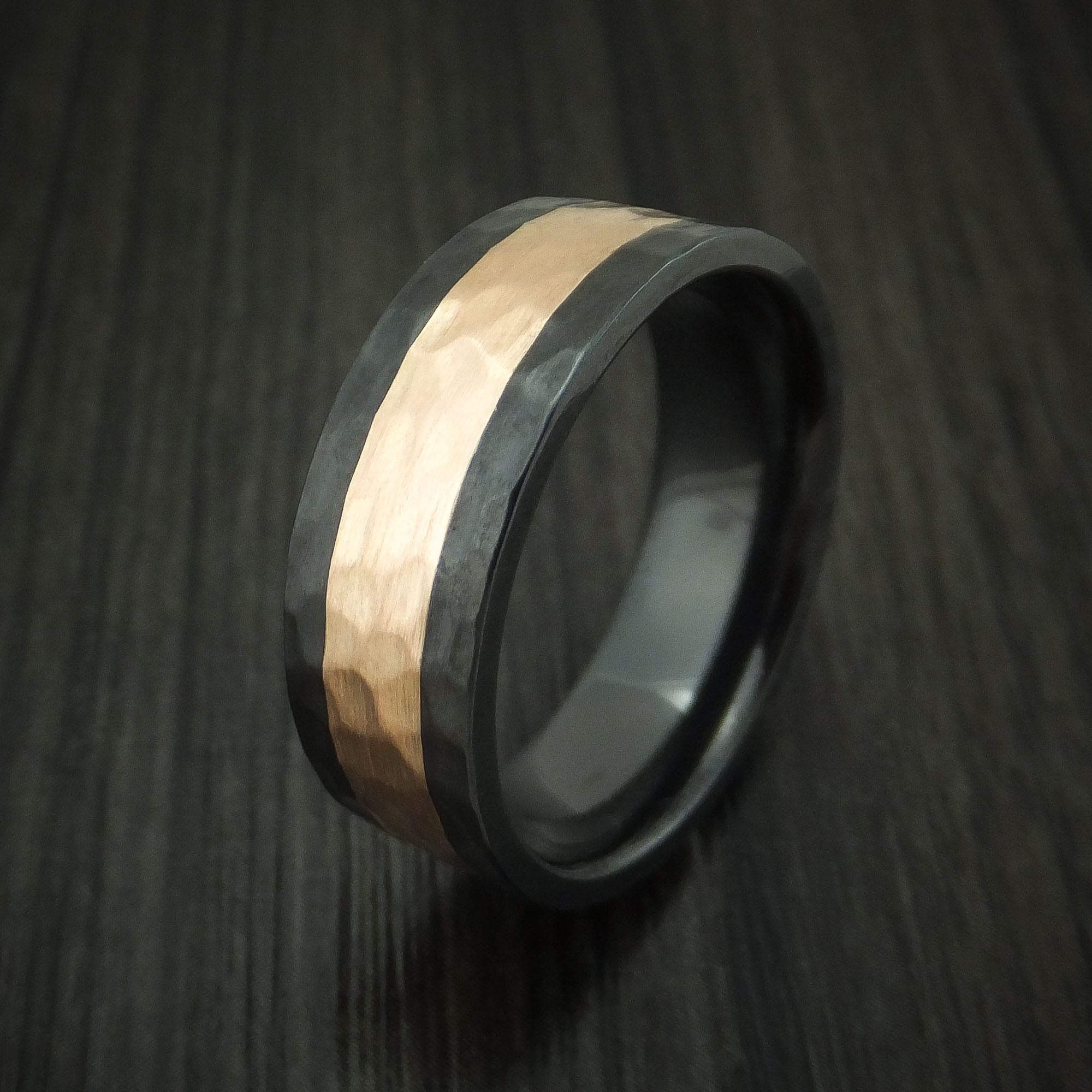 Black Zirconium and Rose Gold Hammered Band Custom Made Men's Ring ...