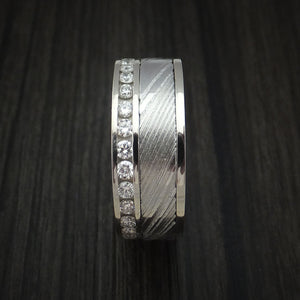 14K White Gold and Diamond Eternity Men's Ring with Kuro Damascus Stee ...