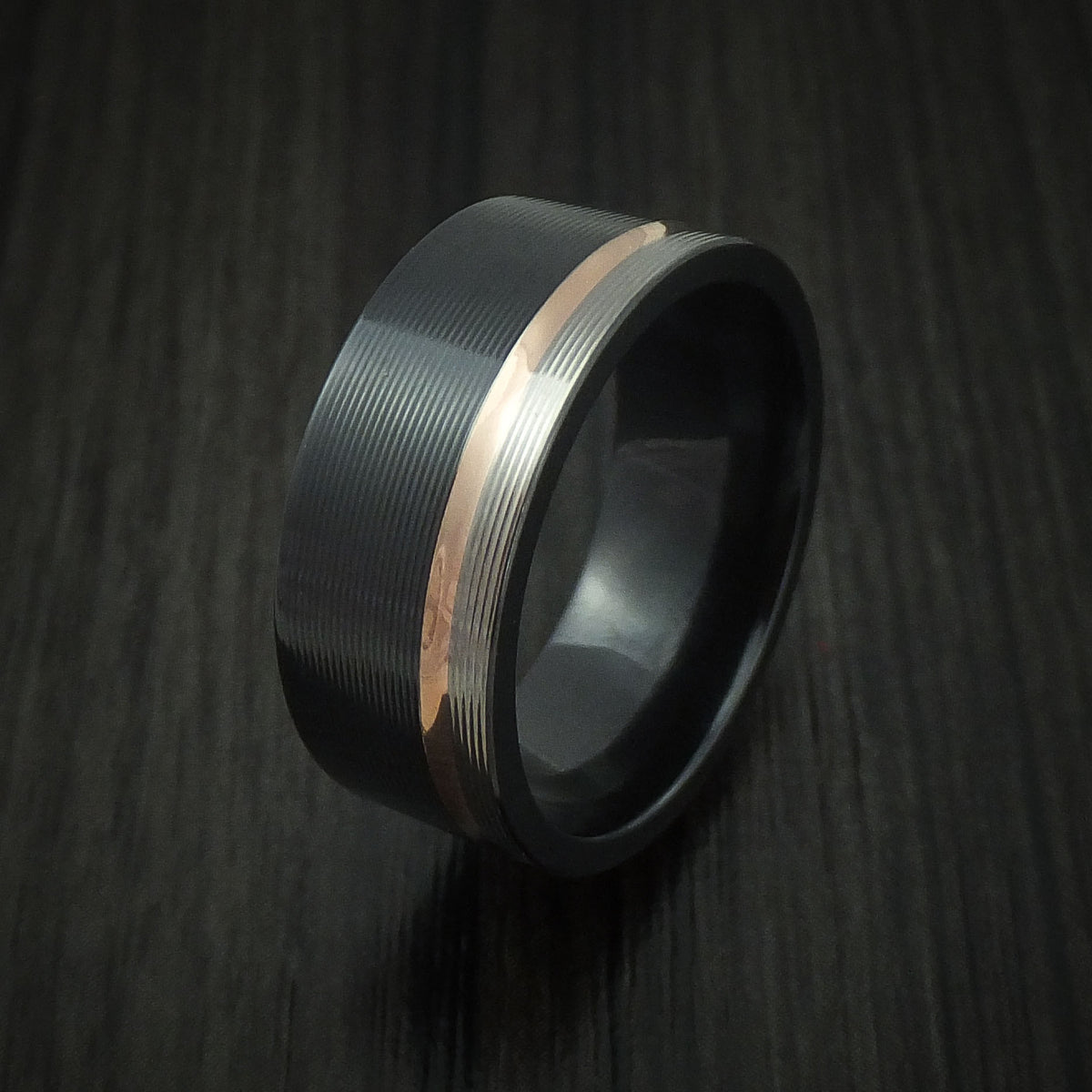Black Zirconium Men's Ring with 14k Rose Gold Inlay Custom Made Band ...