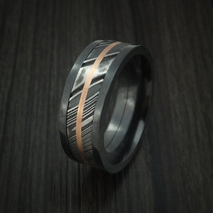 Black Zirconium and Kuro Damascus Steel Band 14K Rose Gold Center Cust ...