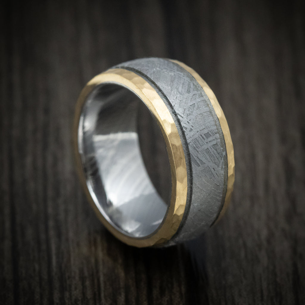 14K Gold and Gibeon Meteorite Ring with Damascus Steel Sleeve and Cera ...