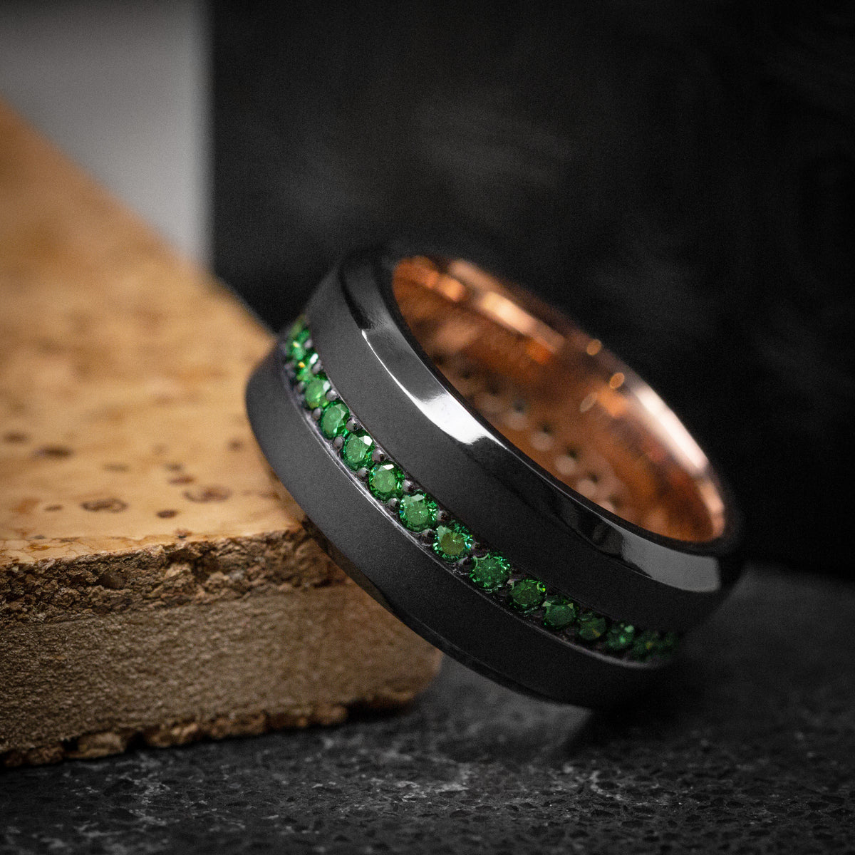 Black Zirconium and Green Diamond Men's Ring with 14K Gold Sleeve Cust ...