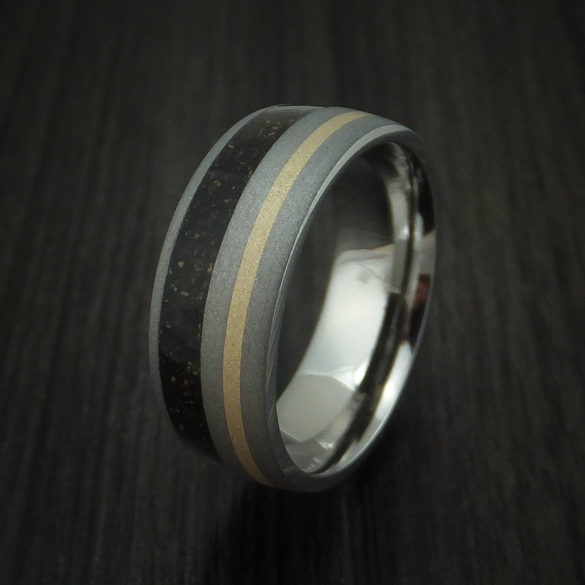 Titanium And Mixed Dinosaur Bone Men's Ring With 14K Yellow Gold Custo ...