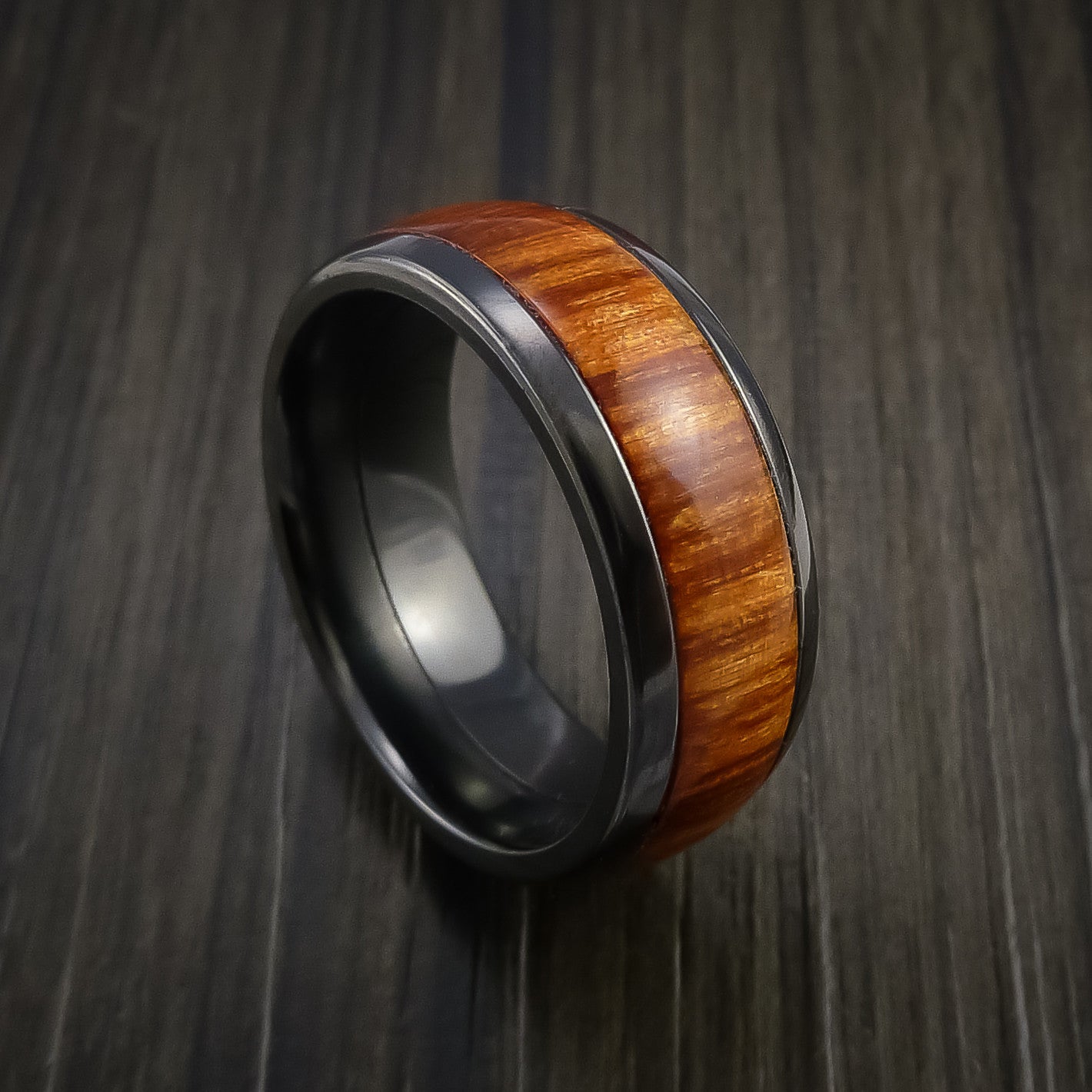 Black Zirconium Men's Ring with Wood Inlay Custom Made Wedding Band ...