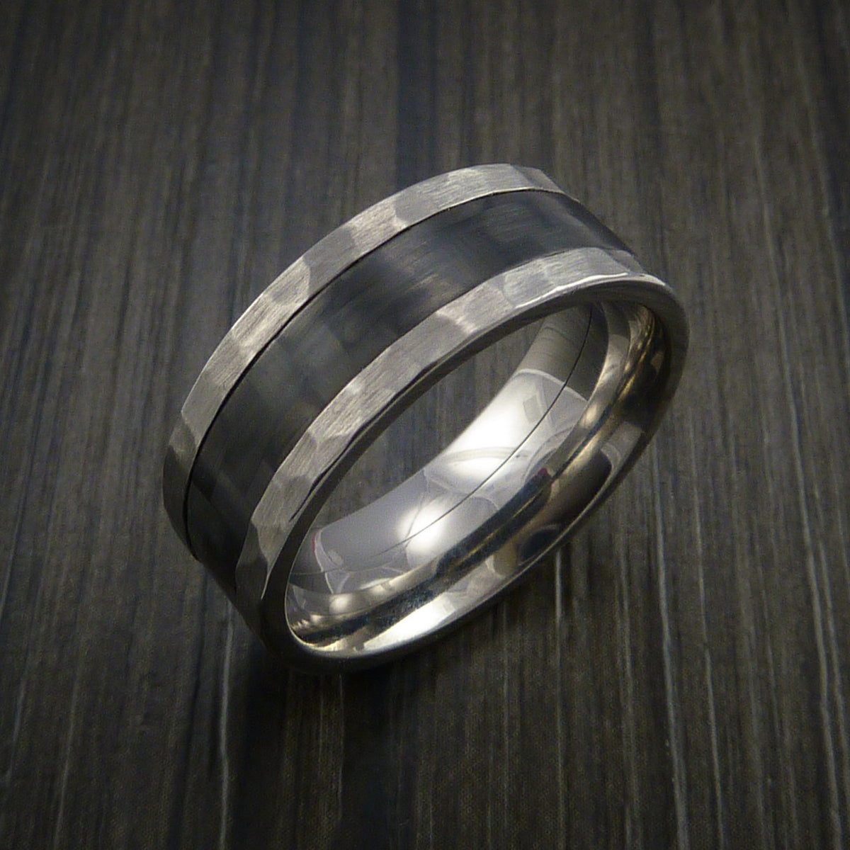 Hammered Titanium Men's Ring with Carbon Fiber Inlay Custom Made Weddi ...