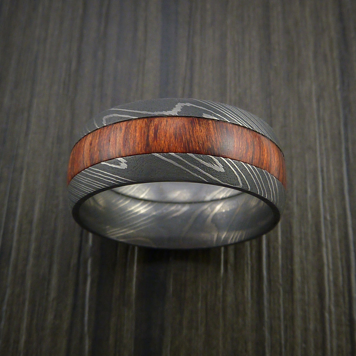 Damascus Steel Men's Ring with Wood Inlay Custom Made Wedding Band ...