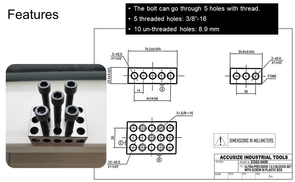 Accusize Ultra Precision 1-2-3 Blocks Set with Screws in Plastic Box, EG02-0408