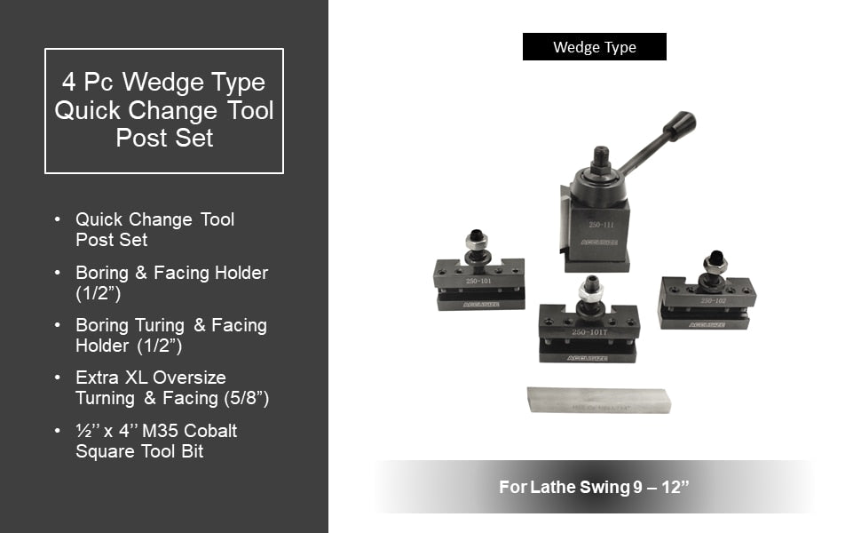 4 Pc Wedge Type Quick Change Tool Post Set for Lathe Swing 6'' - 12'' with 1/2'' M35 Square Lathe Bit, 0251-0155