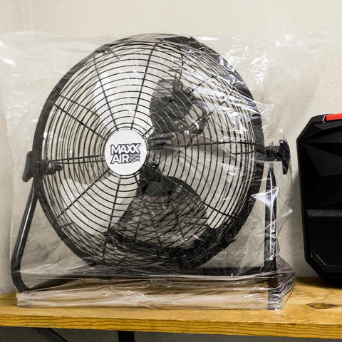 Clean Maxx Air floor fan with cover stored on a closet shelf when not in use. 