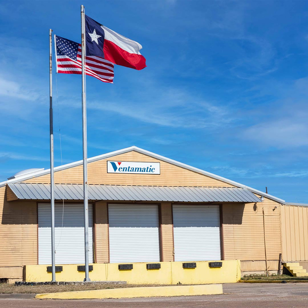 Ventamatic's shipping department with the Texas and United States flags proudly displayed.