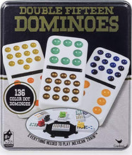 Load image into Gallery viewer, Double Fifteen Color Dot Dominoes Game in a Tin