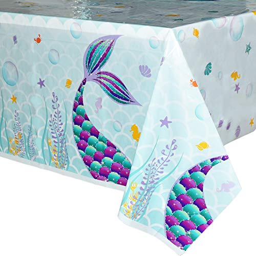 WERNNSAI Mermaid Table Cover - 4 Pack 71'' 43'' Disposable Printed Plastic Tablecloth, Party Supplies for Kids Girls Birthday Baby Shower Mermaid Themed Party Decoration