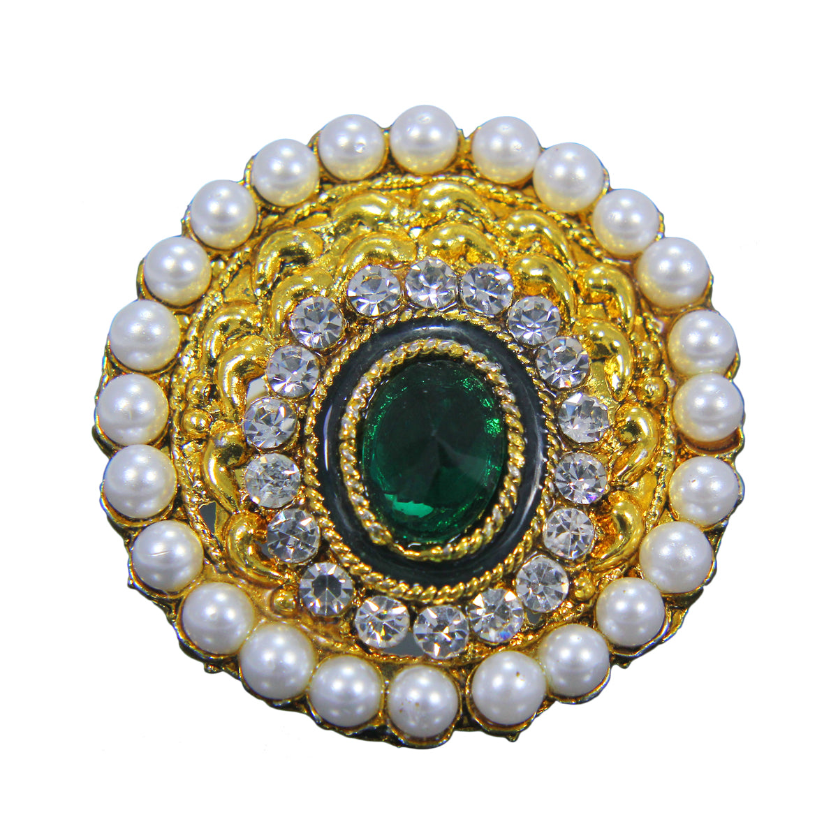Beautiful Peacock Design Pearl Ring with Green White Crystal Stones