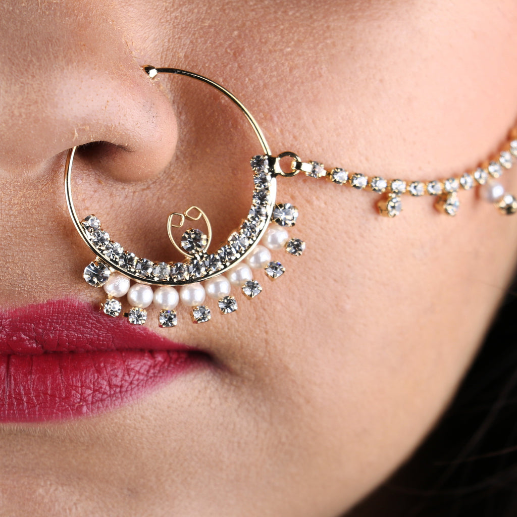 Abhinn Traditional Designer Gold Plated Large Hoop Nose Ring With Cz Crystal Stones And Pearls