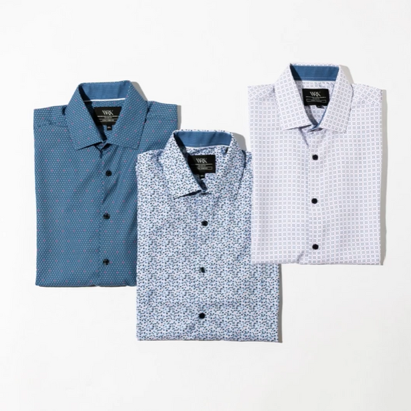 Flat lay of 3 folded patterned dress shirts