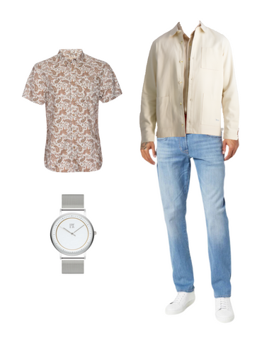 Men’s bomber jacket, patterned button down shirt, white sneaker, silver watch, light wash blue jean denim.