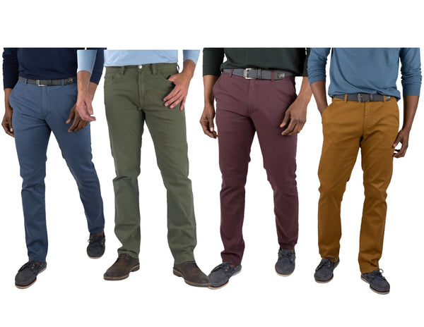 Man wearing blue pants, man wearing green pants, man wearing purple pants, man wearing brown pants.