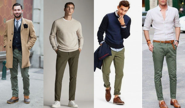 Men wearing green pants, coat, sweater, sneakers, boots and loafers with belt.