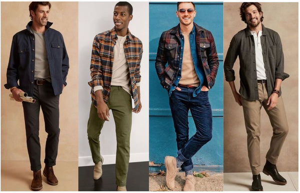 Collage of men wearing plaid jackets, henleys, slacks and boots.