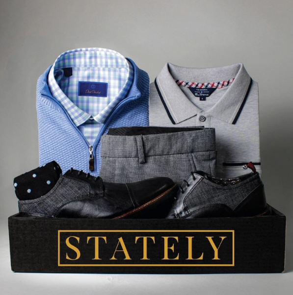 Stately package filled with a button-down, quarter zip sweater, polo, pants, dress shorts, and socks