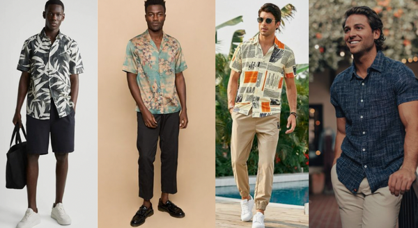 Men wearing short sleeve patterned button down shirts in street style images with shorts, sneakers, loafers and accessories.