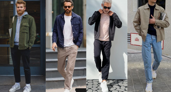 Men wearing light jackets in street style fashion looks with white sneakers, jeans, khakis, sunglasses and accessories.