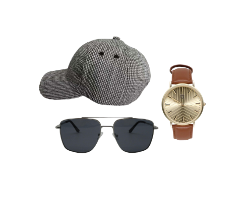 A fashionable baseball hat, sunglasses, and watch.