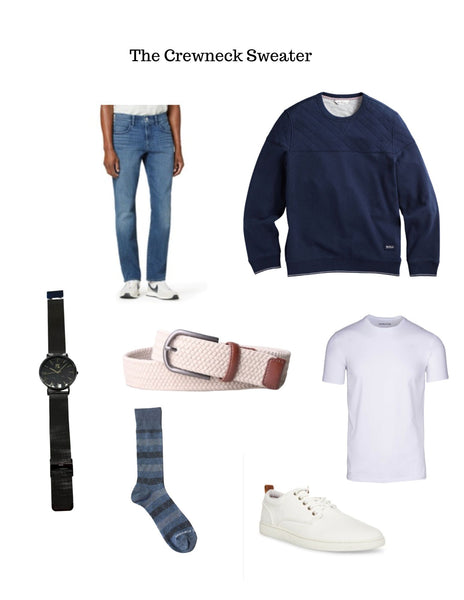 Medium wash denim, navy crew neck sweater,  white tee, white sneakers, beige braided belt, black leather strap watch, blue striped socks