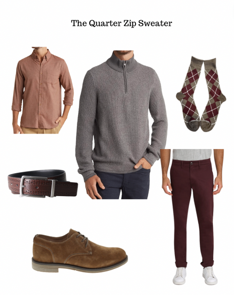 Burgundy denim, gray quarter zip sweater, caramel flannel, brown suede dress shoes, brown/brown reversible belt, red and brown argyle socks
