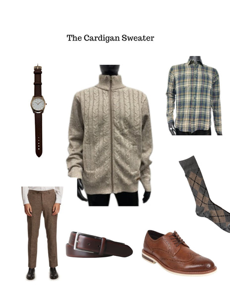 Brown wool pants, beige mock neck full zip sweater, green flannel, dark brown wingtip oxford dress shoes, brown leather belt, brown leather strap watch, green argyle socks