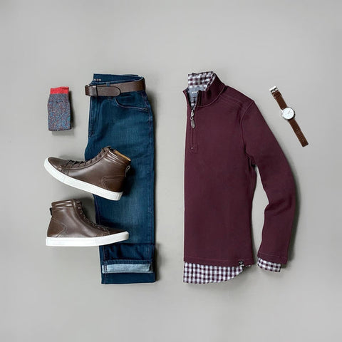 Stately men’s clothing subscription box clothing with shoes, socks, watch, jeans, belt, jacket, and shirt.