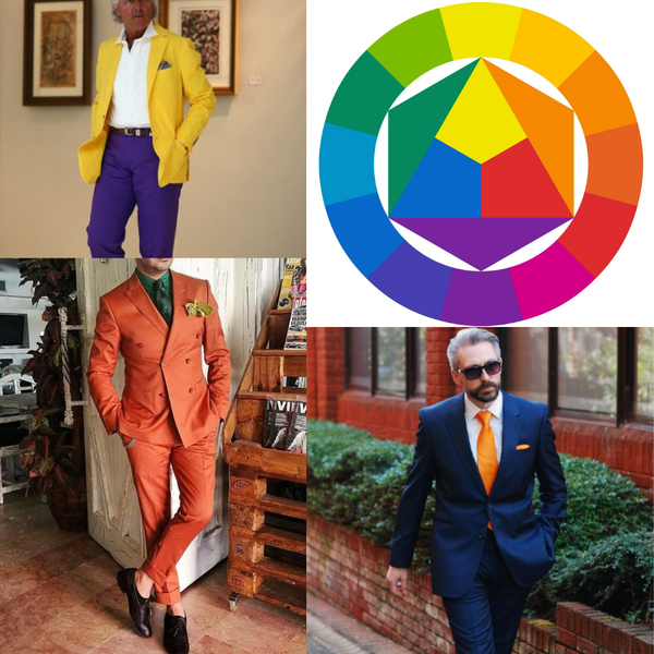 A color wheel with Stately male models demonstrating the best colors to wear
