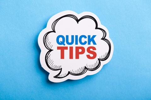 Blue background with speech bubble cloud with the words Quick Tips. Quick is in blue and Tips is in red.