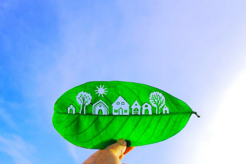 A leaf being held up against a blue sky. On the leaf is a cut out of a few houses and trees, looking similar to a neighborhood.