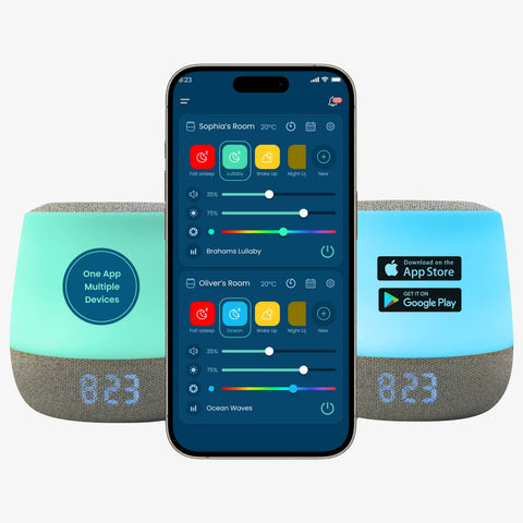 Babysense Dreamer: sound and light machine. Image showing two Dreamer devices and a phone screen showing the app display for these devices.