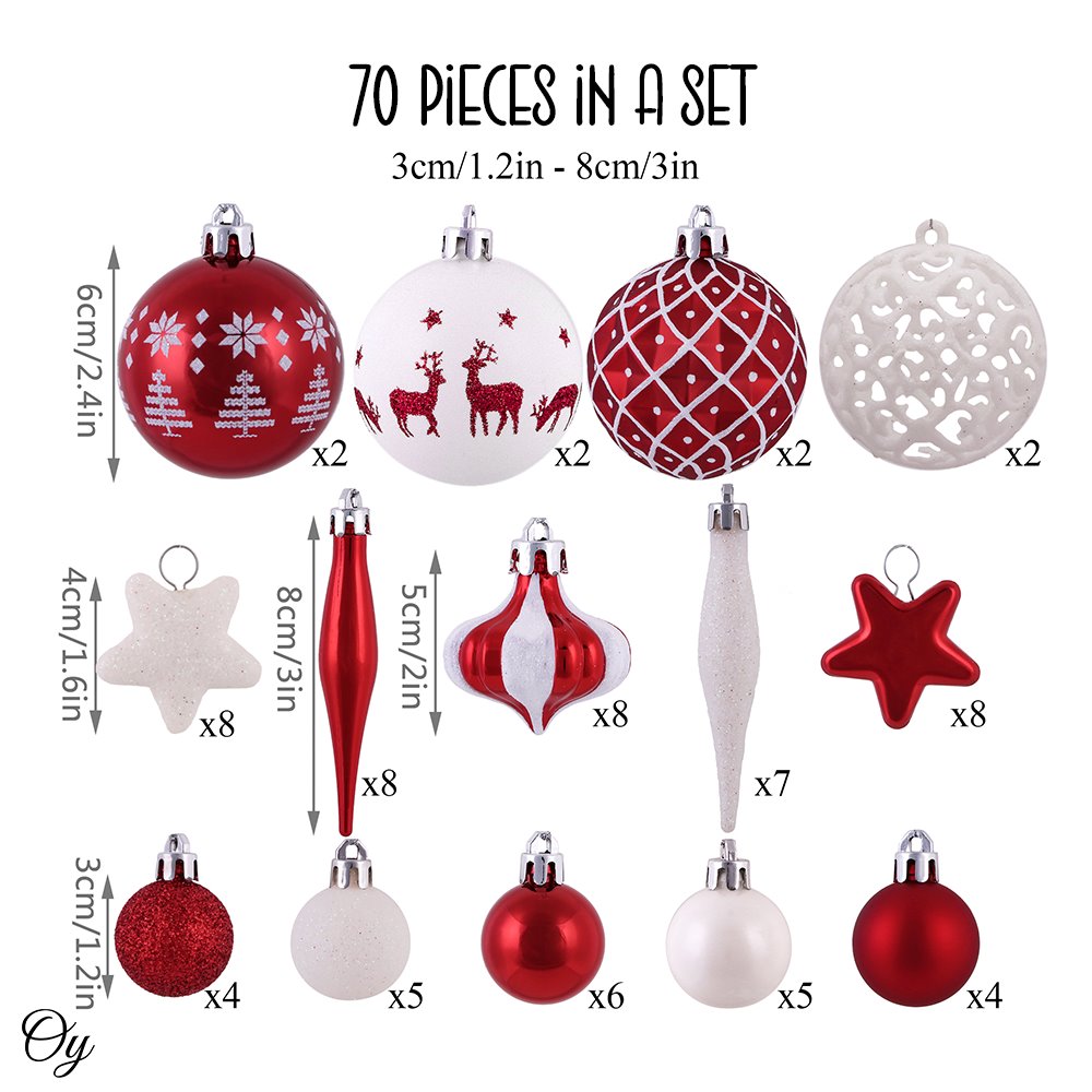 Polka Dot and Candycane Color Style Ornament Ball Bundle, Set of 24 Red and  White Patterned Christmas Baubles