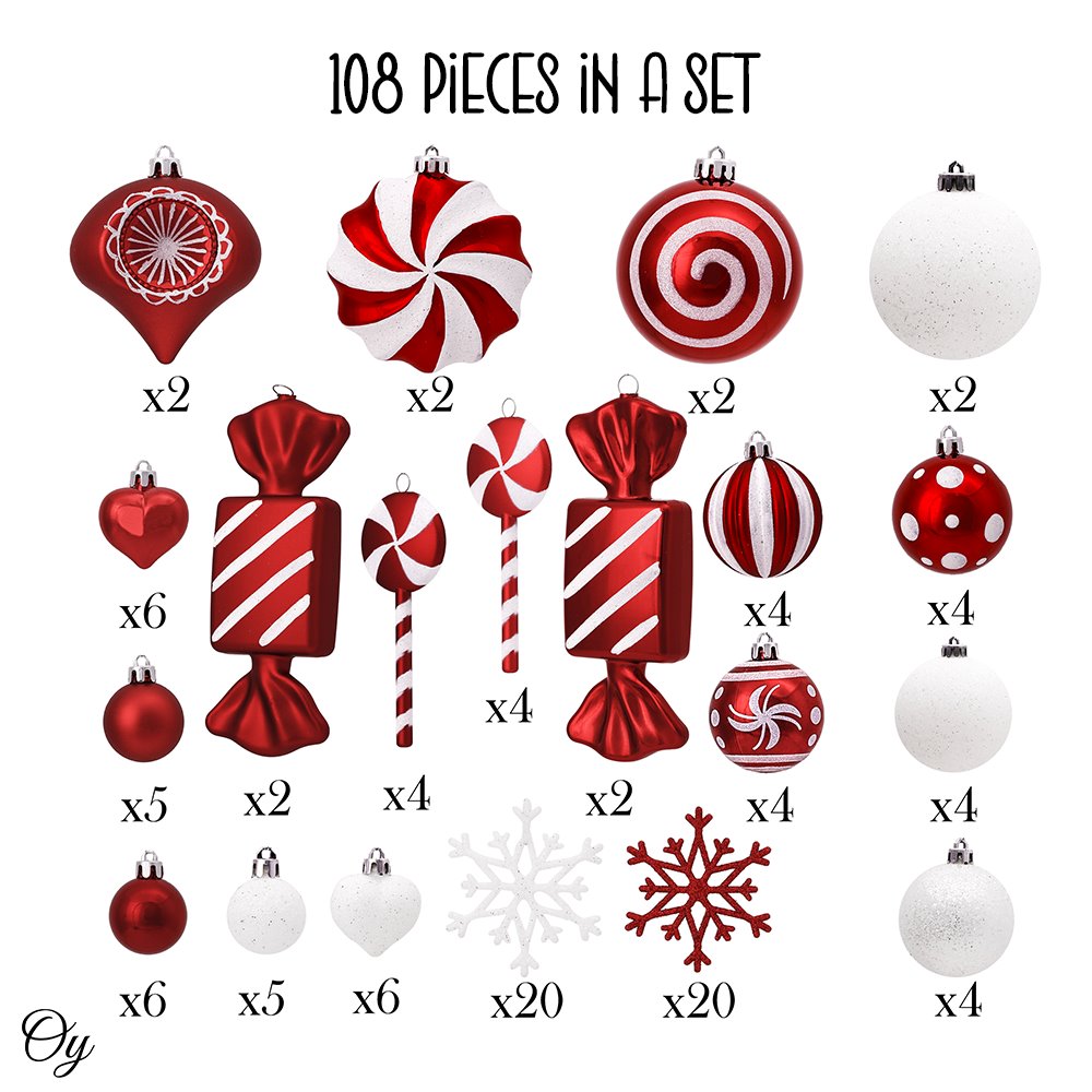 Polka Dot and Candycane Color Style Ornament Ball Bundle, Set of 24 Red and  White Patterned Christmas Baubles