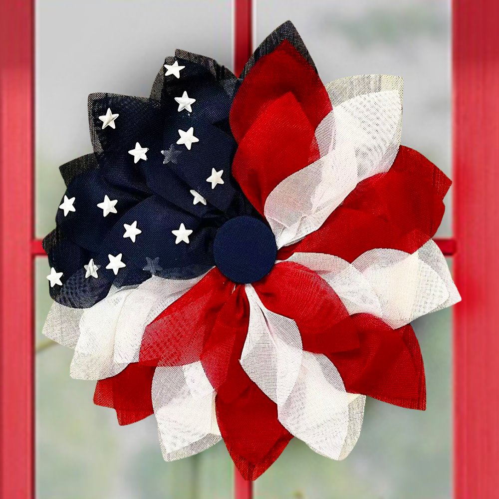 Rustic Burlap Patriotic 22" Wreath, American Flag Style 4th of July Front Door Home Decor