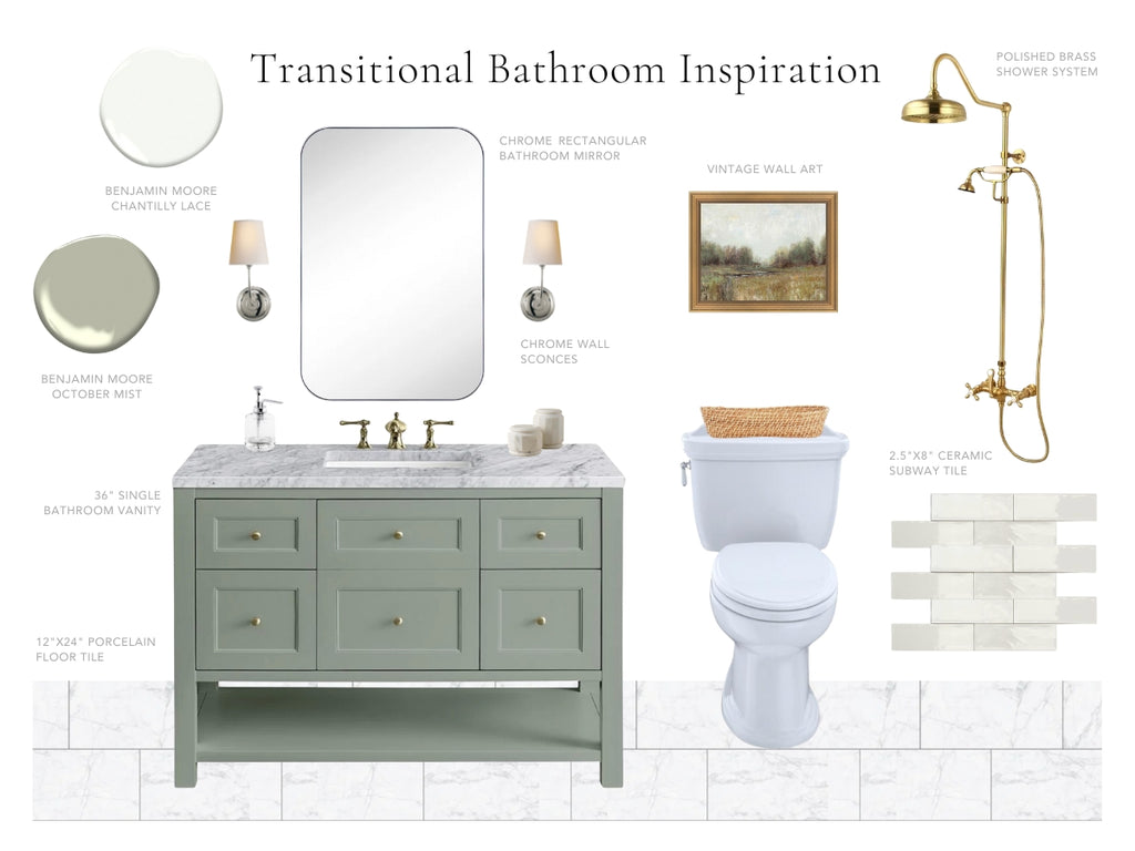 Mood board with a transitional bathroom inspiration.