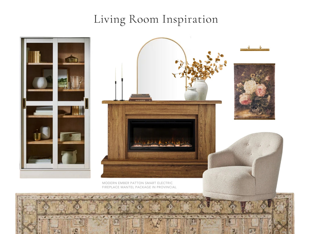 Mood board with oak mantel fireplace and coordinating furnishings.