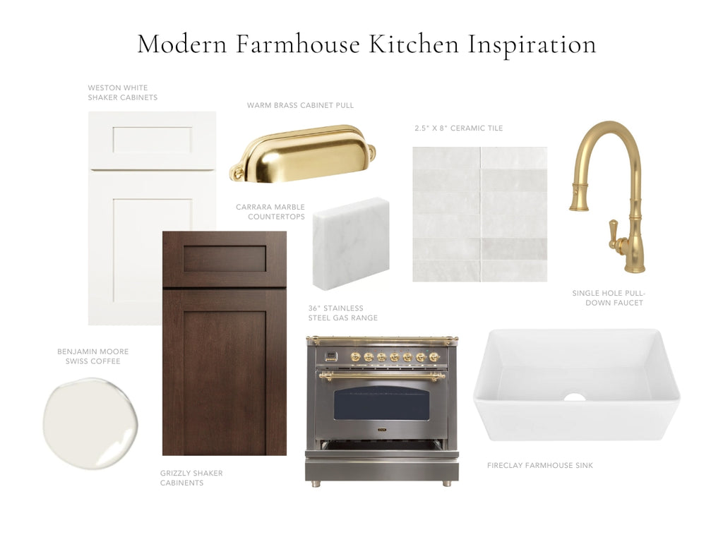 Mood board illustrating a modern farmhouse kitchen inspiration.