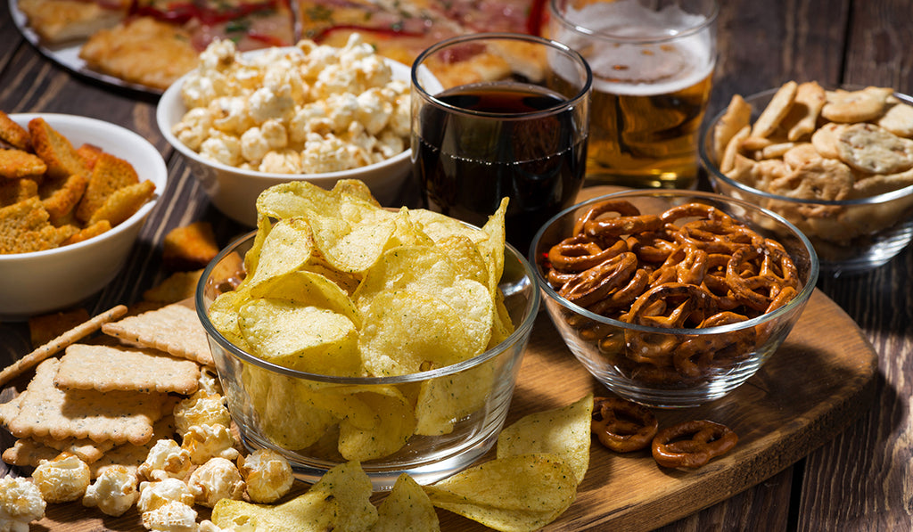 Close up of snacks for watching the big game.