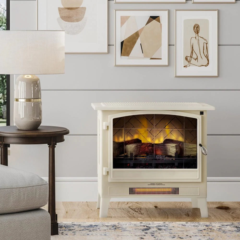 Electric fireplace stove in a cozy living room with gray shiplap and furnishings.